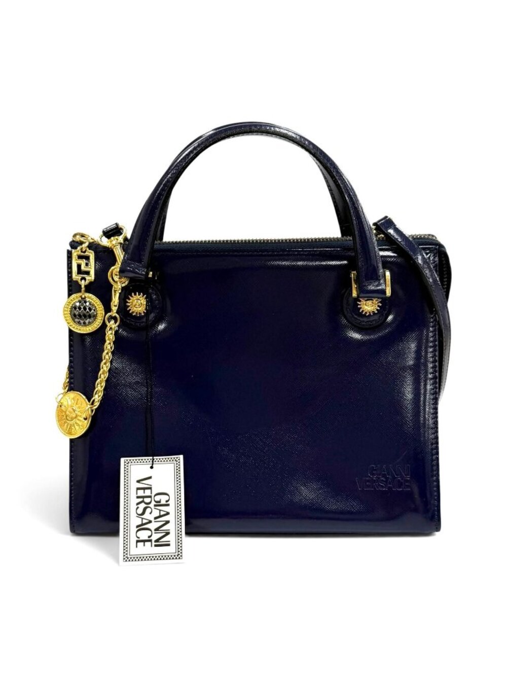 Versace Gianni Vintage Sunburst Chain Decoration 2-Way Leather Handbag Navy